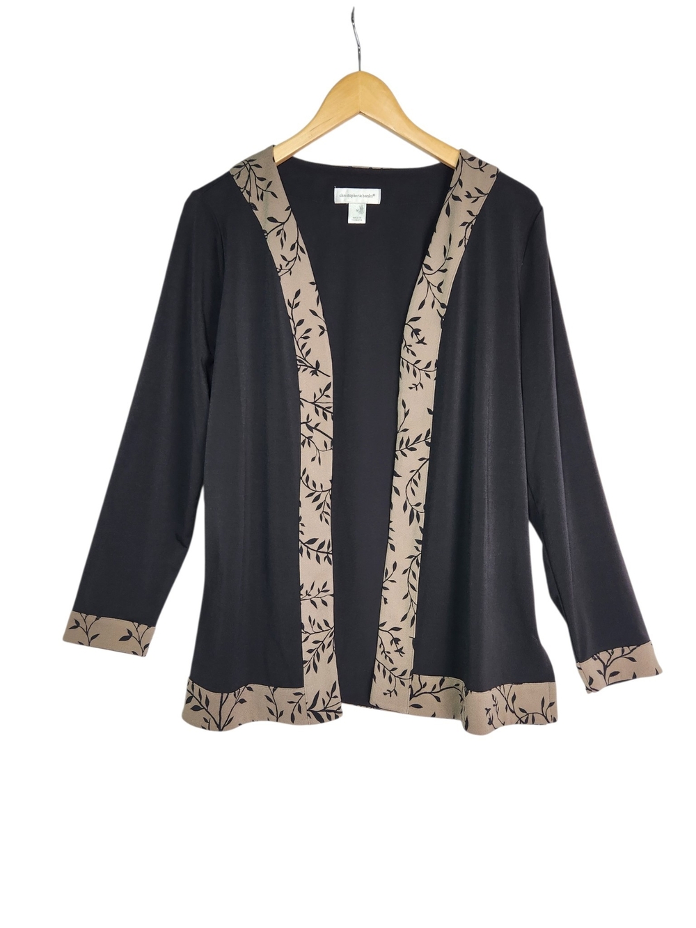 Christopher & Banks Cardigan M Black Taupe Floral Trim Open Front Fall Layer